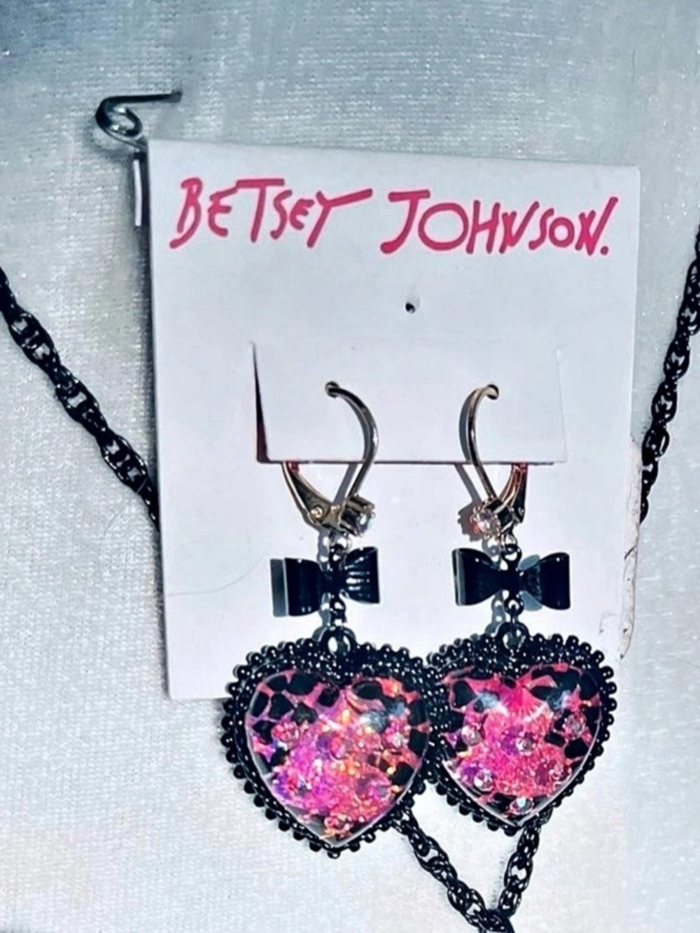 Betsey Johnson Pink Leopard Heart Necklace and Earring Set